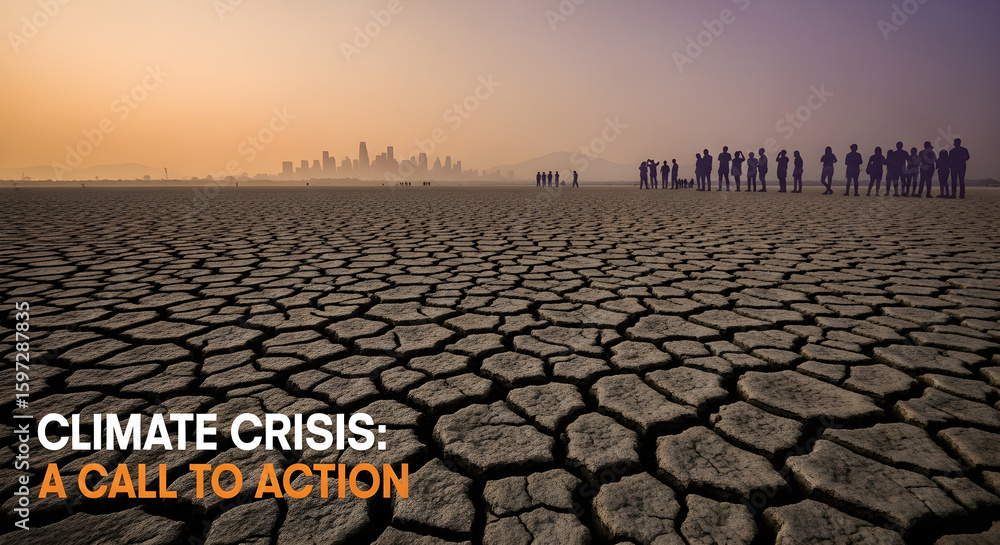 Fototapeta premium Cracked earth, distant city skyline, figures stand, climate change impact.