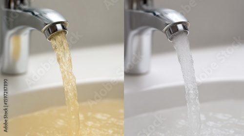Yellowish and clean water flowing from faucet. Comparison of water supply quality. Importance of having water treatment system in your household