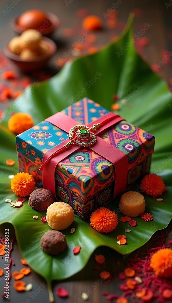 Fototapeta premium Gift box wrapped in ethnic fabric with a rakhi placed on top, surrounded by marigold flowers and festive sweets on a banana leaf.