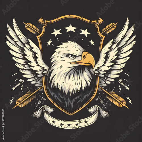 Bold and detailed eagle emblem with wings shield stars and laurel leaves artistic vintage design for patriotic or military themes