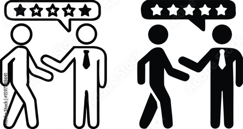 Review Icons. Black and White Vector Illustration. Man Gives Good Recommendation To Another Person. Analysis, Evaluation, Comment, or Discussion About Something. Influencer Concept
