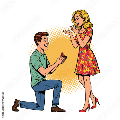 Man proposing to woman with engagement ring in colorful dress  