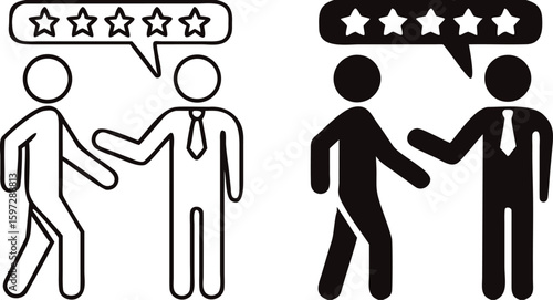 Review Icons. Black and White Vector Illustration. Man Gives Good Recommendation To Another Person. Analysis, Evaluation, Comment, or Discussion About Something. Influencer Concept
