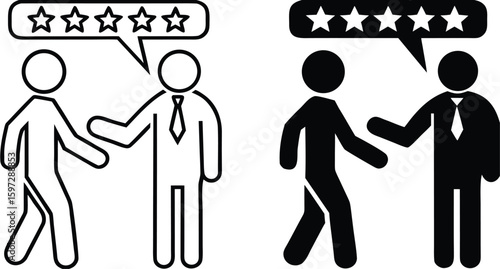 Review Icons. Black and White Vector Illustration. Man Gives Good Recommendation To Another Person. Analysis, Evaluation, Comment, or Discussion About Something. Influencer Concept
