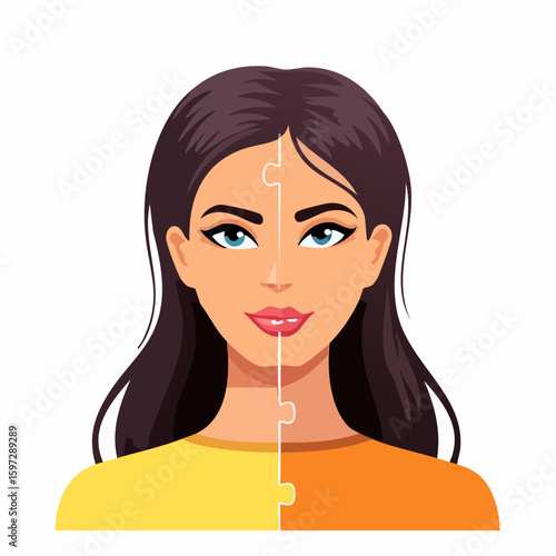 Face with puzzle gaps, a metaphor for emotional trauma, broken identity, and psychological loss.