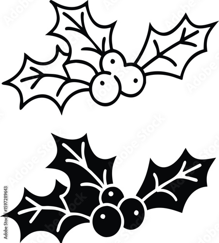 Holly Icons. Black and White Vector Icons. Berries and Leaves. Decoration for Christmas Parties