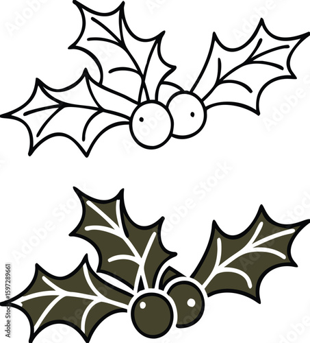 Holly Icons. Black and White Vector Icons. Berries and Leaves. Decoration for Christmas Parties