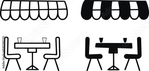Black and White Street Cafe Icons. Vector Illustration of Table and Chairs in a Summer Restaurant. Leisure and tourism concept
