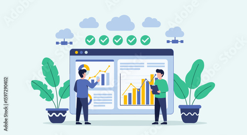 Business people analyzing data on a large computer screen