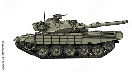 Military Tank Side View Isolated on White Background