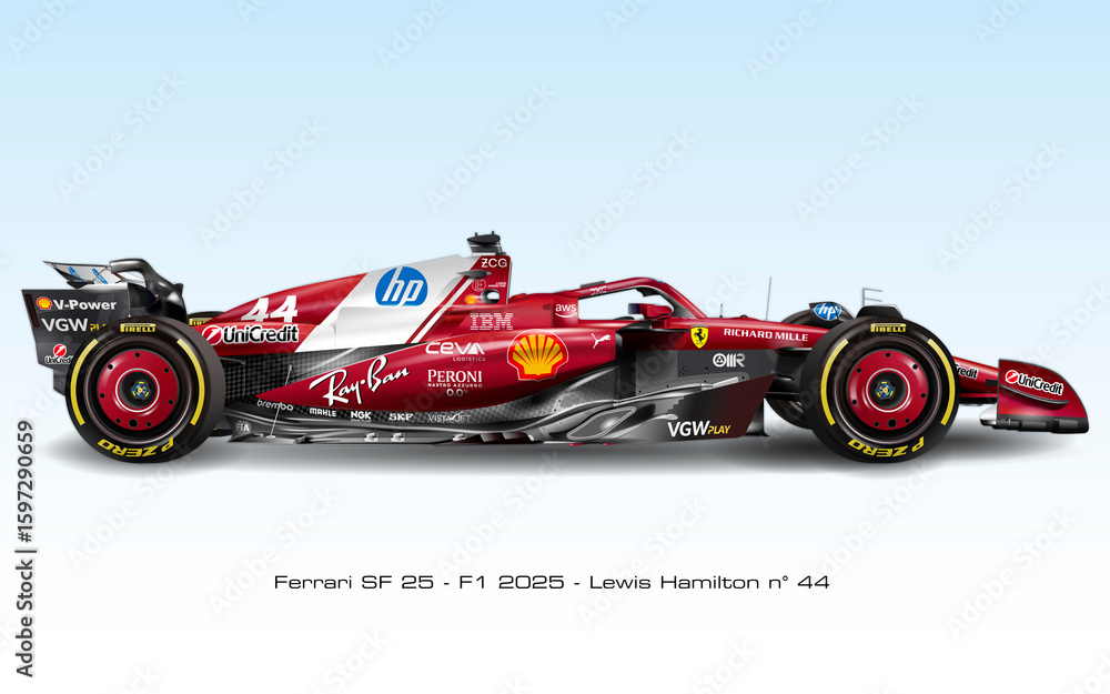 Naklejka premium Maranello, Modena, Italy, february 19 2025, presentation of the Ferrari SF-25 Formula 1 sport car, Lewis Hamilton, 2025 formula one world championship, graphic illustration