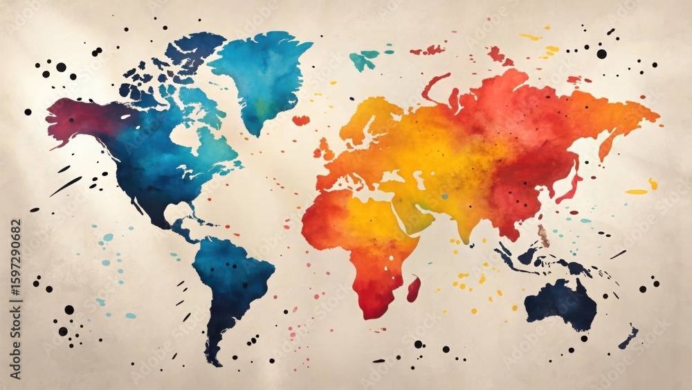 Naklejka premium Colorful watercolor world map with splashes and drips