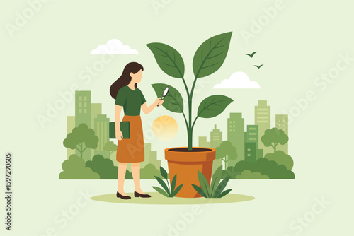 Woman Checking Plant Growth in Urban Garden - Eco-Friendly Vector Illustration