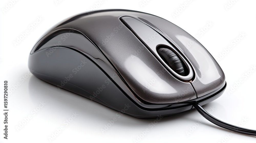 A close-up view of a gray computer mouse on a white surface, showing details. A close-up view of a gray computer mouse on a white surface, showing details.