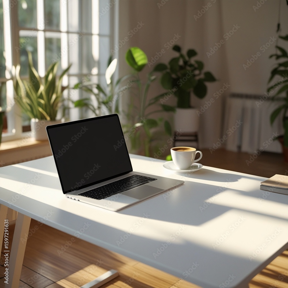 Fototapeta premium Minimalist Remote Work Desk with Laptop, Coffee Mug, and Natural Lighting – AI Generated