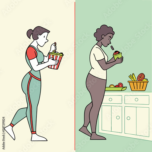 Healthy lifestyle vs unhealthy lifestyle: A visual comparison of a person choosing salad and another choosing snacks. A graphic representation of diet and lifestyle.