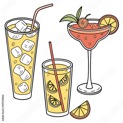 Refreshing Drinks: An assortment of inviting beverages, including a vibrant margarita and a chilled orange drink with ice cubes, ready to quench thirst