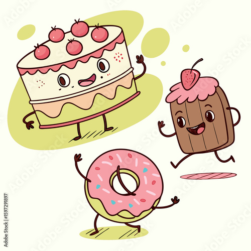 Sweet Delights: Animated trio of a cake, a cupcake, and a donut, bringing joy and playfulness to the image. perfect for adding a touch of whimsy and sweetness to any project.