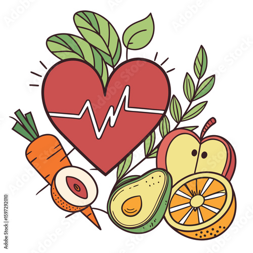 Health-Conscious Composition: A vibrant vector illustration captures the essence of healthy living, showcasing a heart adorned with a vital ECG trace, accompanied by a selection of nourishing foods
