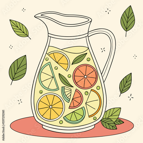 Refreshing Citrus Infusion: A vibrant illustration showcases a clear pitcher brimming with a refreshing citrus infusion, featuring slices of lemon, lime, orange, and subtle hints of greenery.