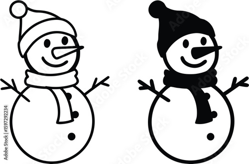 Snowman Icons. Black and White Vector Icons. Funny Snowman in a Hat and Scarf. Christmas and Holiday Concept
