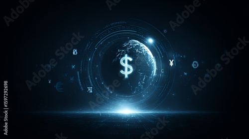 Digital world map with glowing dollar symbol and currency signs on a dark background.