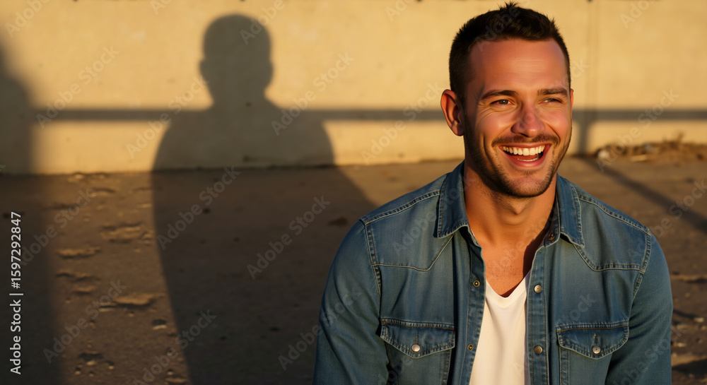 Obraz premium Man in denim shirt laughing on beach during golden hour. Lifestyle portrait for grooming and casual fashion content
