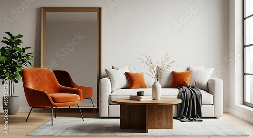 Photo of a cozy living room with a white sofa, orange accent chairs, and a wooden coffee table