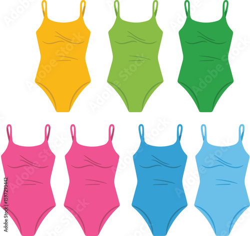 Colorful women one piece swimsuit collection, front view flat design, fashion swimwear illustration, vector drawing, beachwear style, summer apparel template