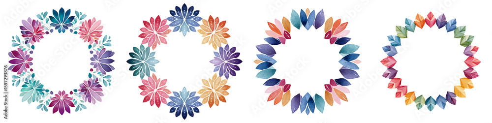 Obraz premium Watercolor Floral Wreaths: Colorful Flower Frame Set on White