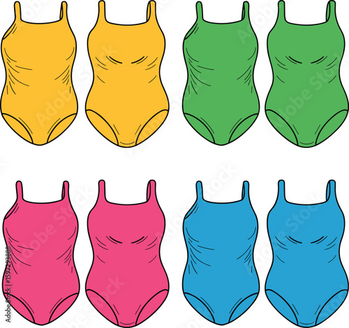 Women’s one piece swimsuit collection, colorful fashion flat sketch, front view swimwear design, beachwear illustration, summer apparel, vector template