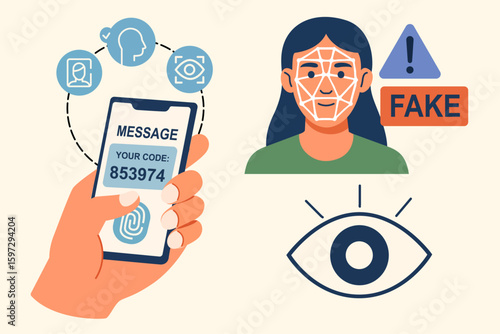 smartphone fingerprint scan with verification message face recognition icons deepfake detection alert eye symbol ideal for ai privacy security identity fraud biometrics cybercrime