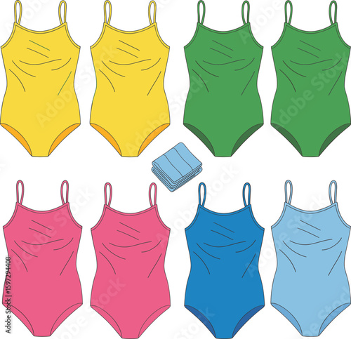 Colorful women swimsuit fashion illustration, one piece swimwear vector set, front view flat design, beachwear style, apparel mockup template