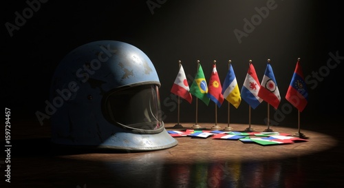 Military helmet near international flags on democracy day