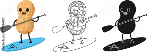 Cartoon peanut character stand up paddleboarding vector illustration design for kids and adults