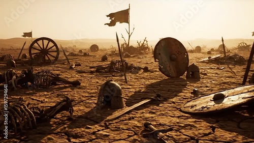 Ancient Battlefield : A Desolate Remembrance of War. Soldier in war-torn landscape with ruined castle. Gloomy atmosphere of conflict and destruction.

