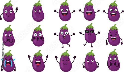 Cartoon eggplant emoji set with various expressions vector illustration for design and print