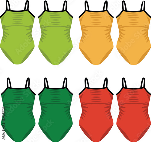 Women one-piece swimsuit, front and back view, fashion flat design, swimwear illustration, colorful bodysuit template, beachwear vector drawing