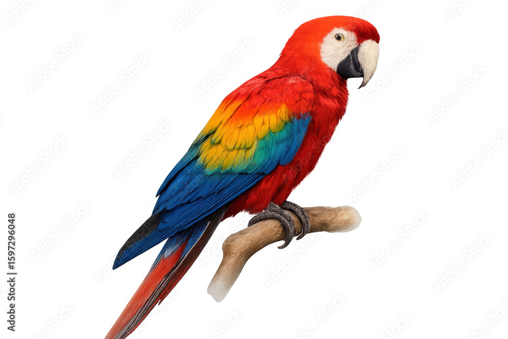 Fototapeta premium Colorful scarlet macaw perched on a branch, isolated on transparent background, perfect for exotic wildlife projects