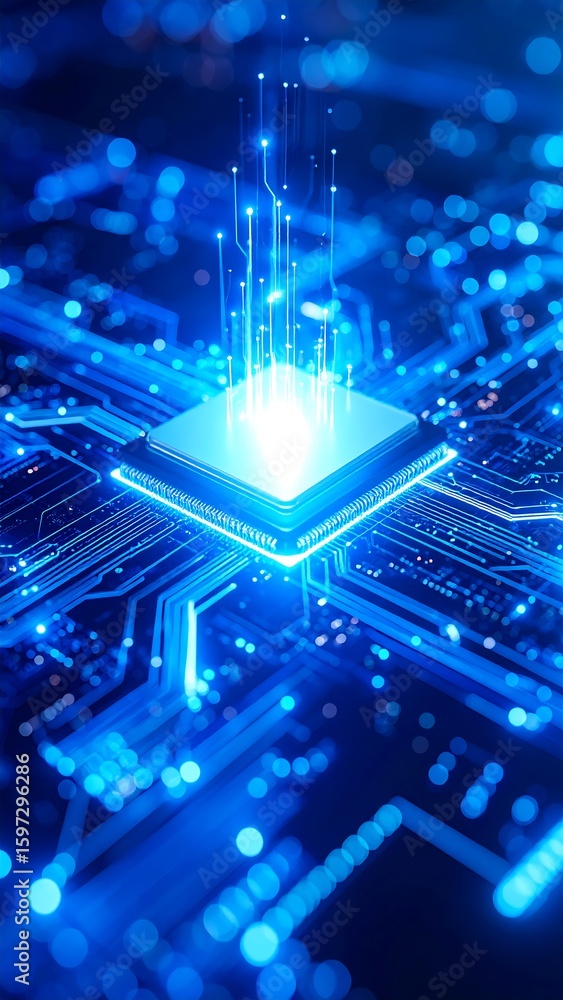 Obraz premium Digital circuit board with glowing chip