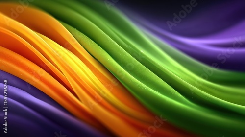 Soft waves of fabric blend harmoniously in vibrant colors of purple, green, orange, and yellow, creating a dynamic and visually appealing abstract design that draws the eye