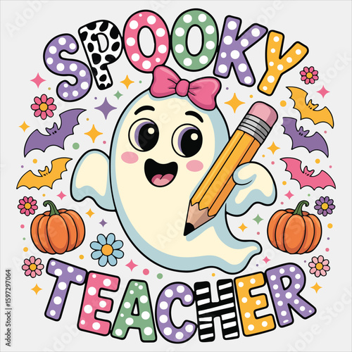 Spooky Teacher Shirt, Spooky Halloween Teacher T-shirt Vector, Bookish Saying Tshirt, Halloween Ghost Reader Illustration, Scary Teaching School Clipart