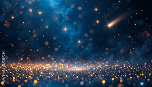 Magical Night Sky with Shooting Star and Golden Glittering Bokeh Dust: Dreamy Abstract Background for Celebrations and Wishes