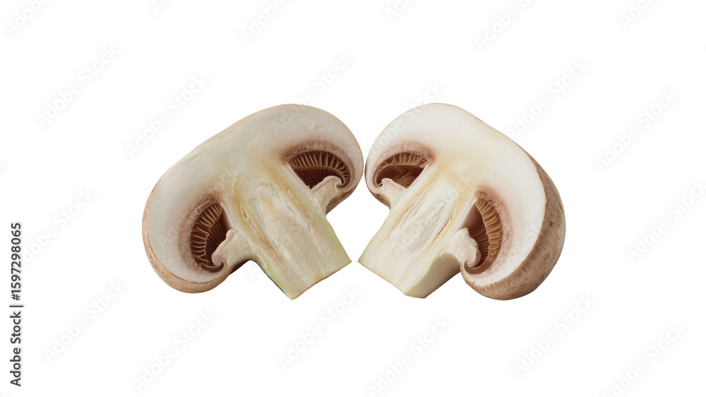 Fototapeta premium Two Halves of a Fresh Button Mushroom Isolated on Transparent Background