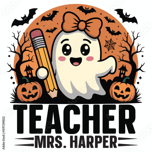 Teacher Mrs. Harper Shirt, Spooky Halloween Teacher T-shirt Vector, Bookish Saying Tshirt, Halloween Ghost Reader Illustration, Scary Teaching School Clipart