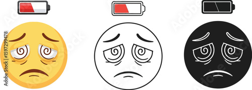 Low battery emoji vector illustration of tired face and exhausted mood in color line and black style