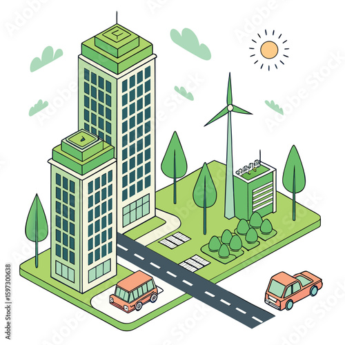 Eco-friendly smart city concept with solar-powered buildings, electric vehicles, green spaces, and smart infrastructure