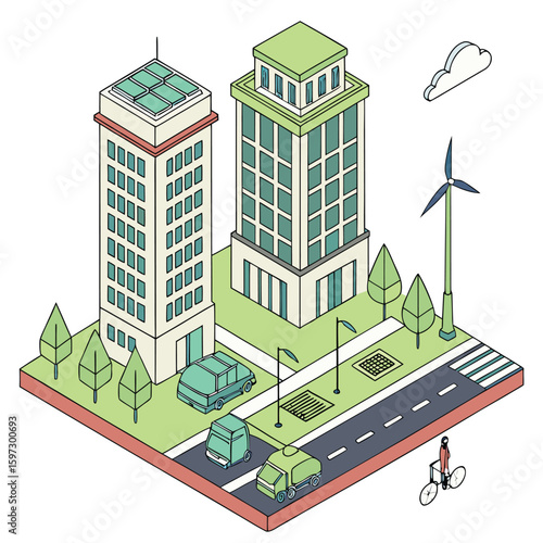 Modern sustainable cityscape showing smart technologies, renewable energy zones, and environmentally conscious design