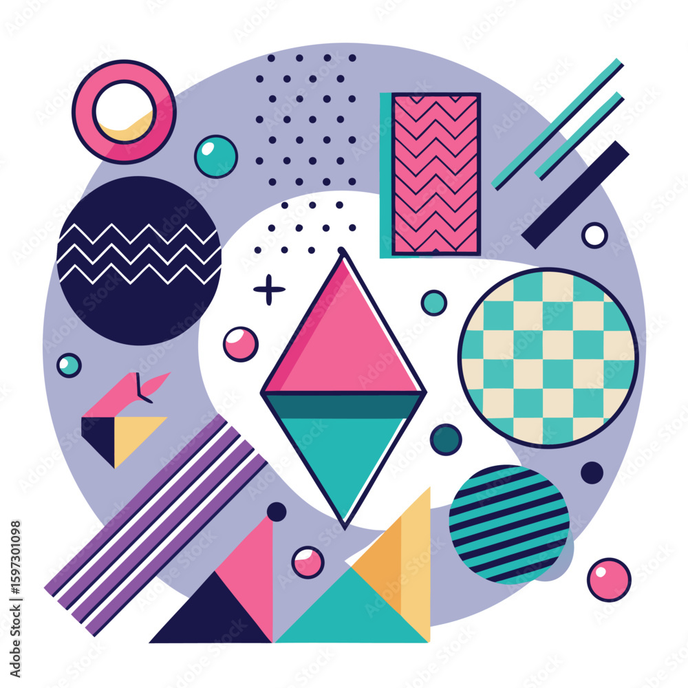 Obraz premium Memphis design elements mega set. Vector abstract geometric line graphic shapes, modern hipster circle triangle template colorful illustration