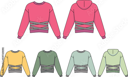 Trendy cropped sweatshirt, hoodie and crewneck style, ribbon waist detail, multiple color variations, fashion flat sketch, casual wear design